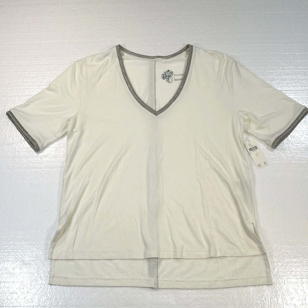 Anthropologie Pilcro Women's Sz Small Satin Metallic Knit DEEP V-Neck Tee Shirt